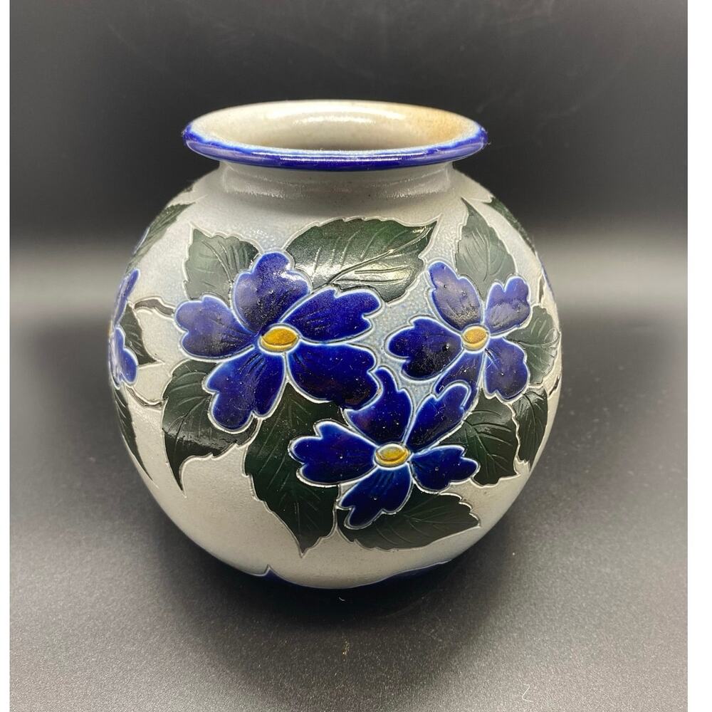 ALSACE Salt Glaze Vintage Betschdorf Cobalt Flowers, French Vase signed pottery